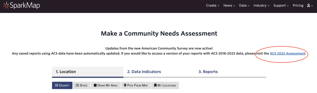 Text above the Community Needs Assessment tool stating that ACS data has been updated with a red circle around "please visit the ACS 2022 Assessment" 